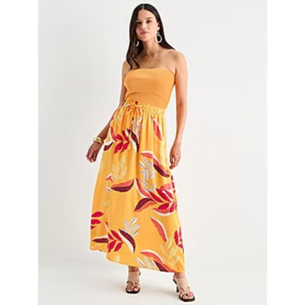 Worthington L Gold Red Tropical Rain Satin Drawstring Pull on Pocket Maxi Skirt